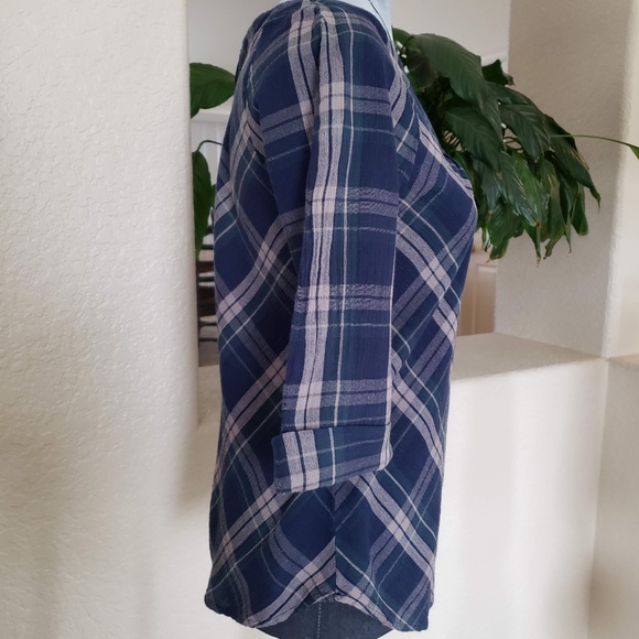 Calvin Klein Navy Plaid Lightweight Cotton Gauze Top - Size Small - Picture 3 of 5